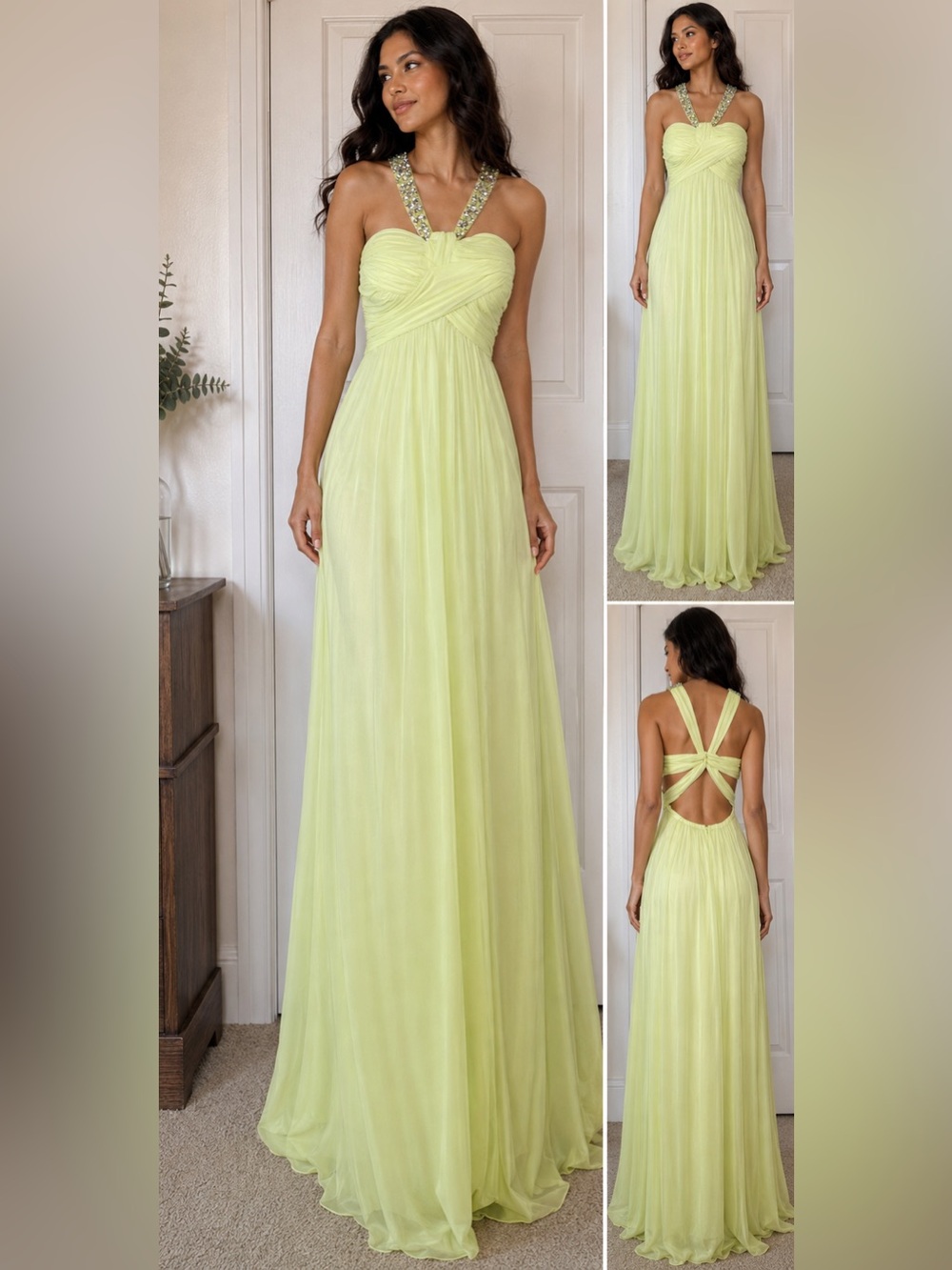 Jodi Kristopher Lime Green Halter-Open Back Chiffon Maxi Prom Bridesmaid Gown